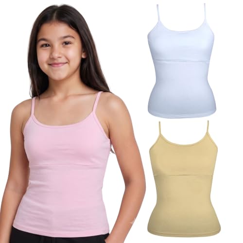 Image of DChica Cotton Padded Camisole Bra for Girls, Sleeveless Undershirts with Adjustable Straps, Tank Top /Innerwear for Girls (Pack of 1) Pink & White Camisole Inner Vest