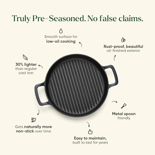 Image of Ember Cookware Pre-Seasoned Cast Iron Grill Pan 26 cm | 10-Year Warranty | Heavy Duty Induction Cookware | Cast Iron Cookware | Non-Toxic Tandoor Grill Pan for Kebab, Vegetables & Sandwich | Blue