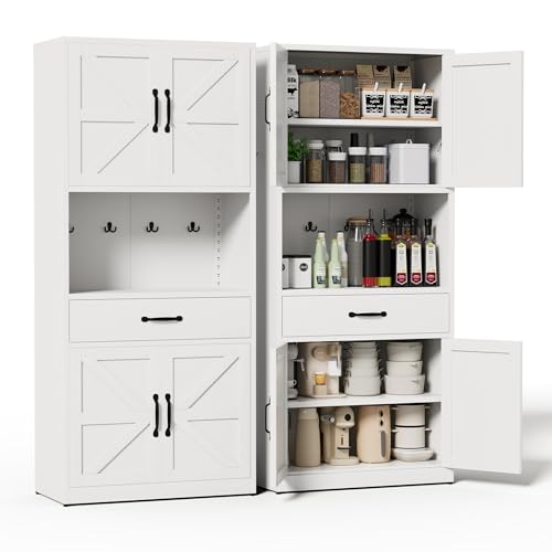 FLIXELIO 72 Tall Steel Kitchen Pantry Cabinet with Large Countertop and Adjustable Shelves Metal Farmhouse Storage Cabinets with Microwave Stand Kitchen Hutch Cabinet for Dining Room