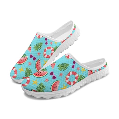 Women Half Slippers Breathable Lightweight Mesh Loafers Elastic Shock Absorption Flats Shoe Size 6-13.5 White Sole