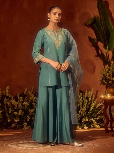 Image of FIORRA Women's Sea Green Viscose Chanderi Embroidered Ethnic Straight Kurta Set with Dupatta