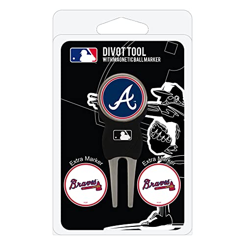 Team Golf MLB Atlanta Braves Divot Tool Pack With 3 Golf Ball Markers Divot Tool with 3 Golf Ball Markers Pack, Markers are Removable Magnetic Double-Sided Enamel