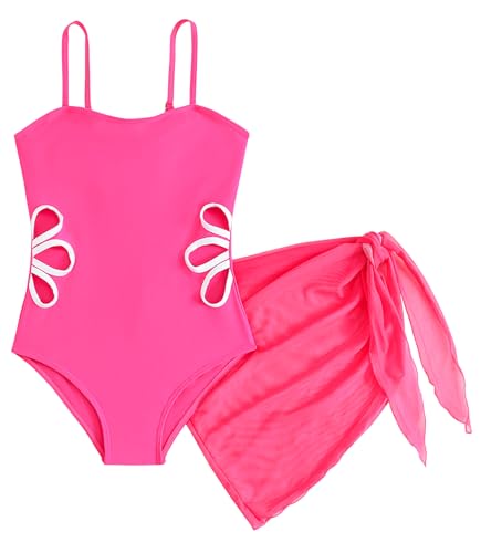 Image of SEAUR Girls Cut Out One Piece Swimsuit with Cover Up Skirt Bathing Suit Swimwear 7-16 Years
