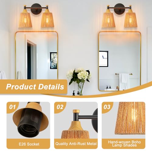 Image of 2-Light Boho Vanity Light Fixtures, Farmhouse Bathroom Light Fixtures Over Mirror, Rustic Rattan Vanity Lighting with Hand-Woven Lampshade for Bedroom Living Room Bathroom Restroom Hallway