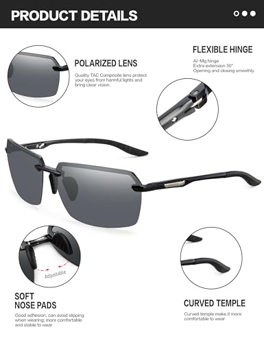 Image of BIRCEN Mens Polarized Sunglasses for Driving: Rimless UV Protection Sun Glasses with Al-Mg Frame for Fishing Traveling Golf
