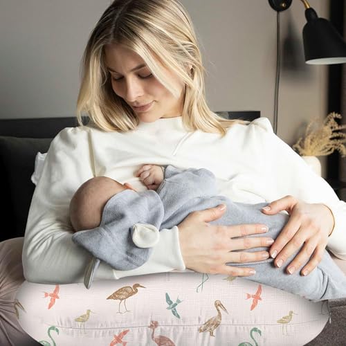 Image of Little Grape Land Muslin Nursing Pillow Covers, 100% Cotton Removable Breastfeeding Pillow Covers, Breathable Slipcover for Baby Boys & Girls, (Wetland Birds & Rosy)