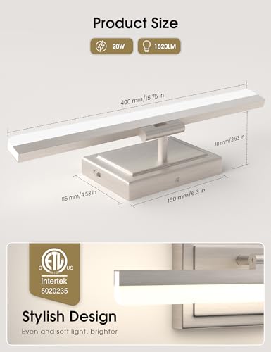 Image of VOLISUN Modern Bathroom Vanity Light 15.7 inch, Rotatable, 20W Dimmable 5CCT Led Bathroom Light Fixture Over Mirror, Brushed Nickel Bar Vanity Light for Bathrooms Mirror Restroom-ETL Certificated