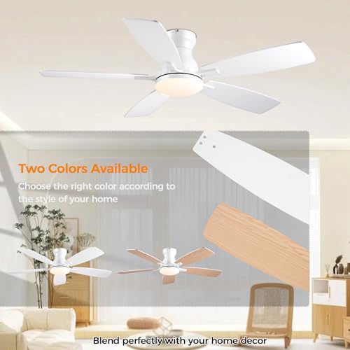 Image of JSAITEE 46in Ceiling Fans with Lights - Flush Mount Low Profile Ceiling Fan with DC Motor, 6 Speeds 3CCT Dimmable, Modern Indoor Fan Light Fixtures for Bedroom, Kitchen, White