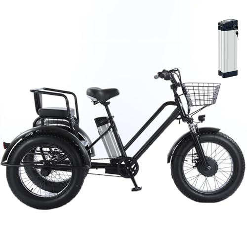 SUNBGRPYE Triciclo EléCtrico De 20″ con NeumáTicos Anchos, Asistido por Pedaleo, Capacidad De Carga De 200 Kg, BateríA ExtraíBle De 48 V/12 Ah (AutonomíA De 35 Km), con Cesta De Compra