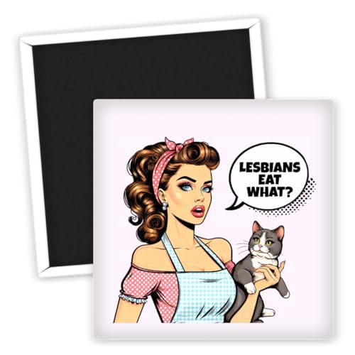 Lesbians Eat What Retro Style Kühlschrankmagnet - LGBTQ Magnete - Bunte Kühlschrankmagnete - Geschenkideen LGBTQ - Kreative Deko für die Küche - Lesben Magnet - Pride Deko