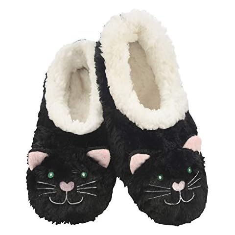 Snoozies Womens Slippers Animal Furry Foot Pals - Cat-Black/White - Large Cover