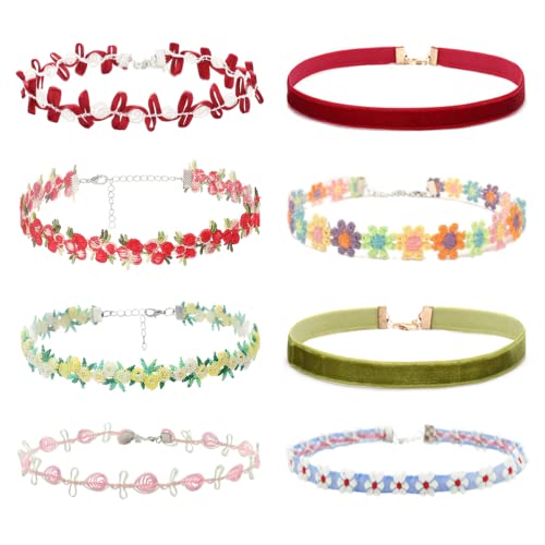 Palotay 8Pcs Colorful Choker Necklace Set For Women Daisy Choker Necklace Velvet Choker Necklaces Lace Choker Collar Necklaces Gothic Lace Collar Classic Choker Flower Choker Gifts For Girls-Flower1 #TOP5