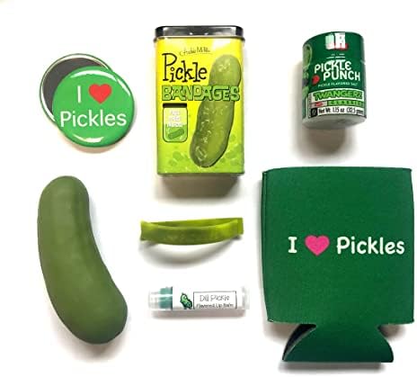 Deluxe Pickle Lovers Gift Pack (7pc Set) - Pickle Bandages, Lip Balm, Magnet, Stress Pickle, Can Cooler Insulator, Wristband & Dill Pickle Salt