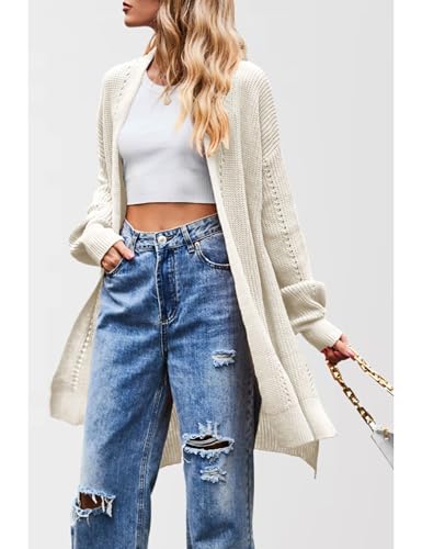 Image of Antnation Women's Oversized Open Front Cardigan Lightweight Long Sleeve Knit Sweater with Pockets(White-S)