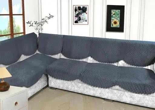 Image of Blush and Bloom 7 Seater L Shape Self Design Velvet Quilted Sofa Cover and Chair Cover, Seat and Back Cover (Grey 1)