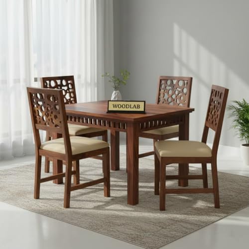 Image of WOODLAB Sheesham Wood 4 Seater Dining Table Set with Chairs | Wooden Dining Table for Home Dining Room | 4 Seater Dinner Table Set for Living Room and Home - Natural Finish