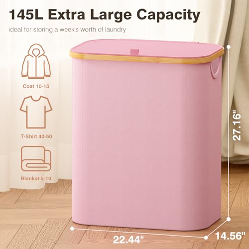 Hampers for Laundry Basket with Lid, 145L Extra Large 3 Section Clothes Divided Organizer for Bedroom, Laundry Room, Dirty Clothing Hamper, Pink