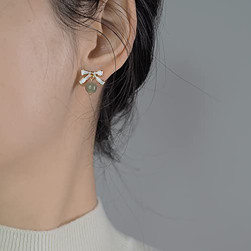 Looyuupee Natural Hetian Jade Beaded Pendant Stud Earrings Bow-Knot Drop Green Jade Ear Studs For Women Gold Earring Jewelry Gift For Mom Lover Her (925 Sterling Silver With Gold Plated) #TOP5