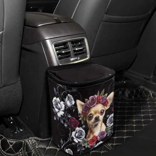 Image of Talayituse Chihuahua Rose Pattern Car Trash Can with Lid, Leak Proof Auto Trash Bag Hanging Vehicle Garbage Can Multipurpose Storage Container for Back Seat Road Trip