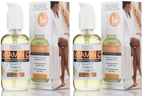 Advanced Clinicals Vitamin C Body Oil Skin Care Moisturizer W/Vitamin E & Turmeric - Nourishing, Brightening, & Hydrating Body Oil To Improve Look Of Dark Spots, Dry Skin, & Stretch Marks, 2-Pack