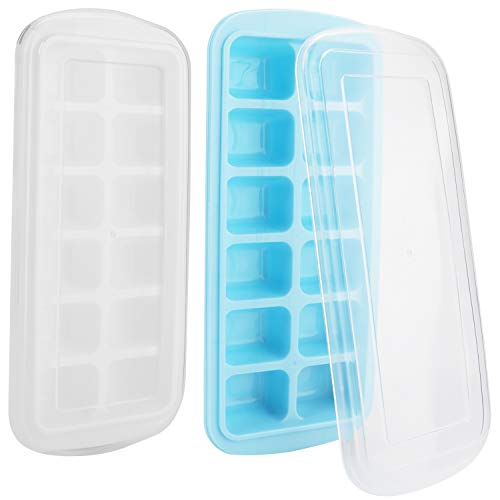 King Gift - Bandejas para cubitos de hielo (2 unidades, fácil de liberar y 12 bandejas para hielo con tapa extraíble resistente a los derrames, apilables (blanco, azul)