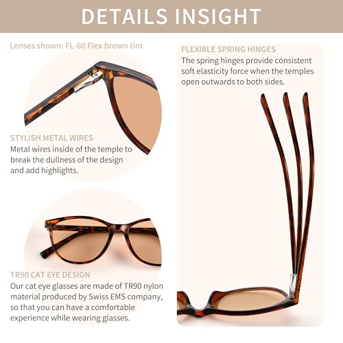 Image of Outdoor FL-Flex Fluorescent-60 Light Brown Tinted Blue Light Blocking Glasses Cat Eye Migraine Light Sensitivity Photophobia Fluorescent LED Glare Women AB3311(Tortoise Frame Cinnamon Lens)