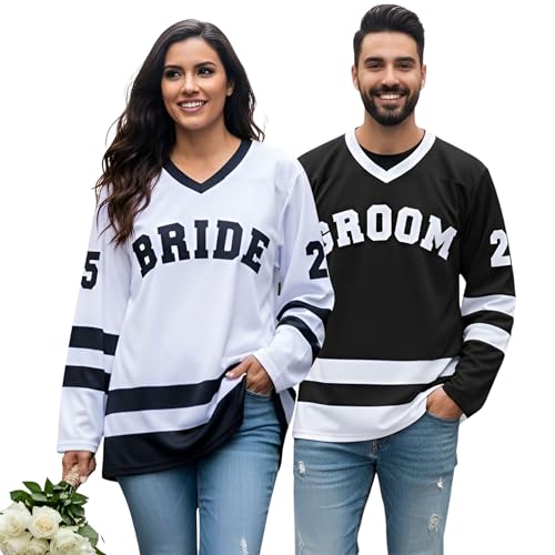 Matching Bride and Groom Hockey Jersey, Black and White, Wedding Day Couple Sports Shirts for Bridal Party, Bachelor Bachelorette Mr Mrs