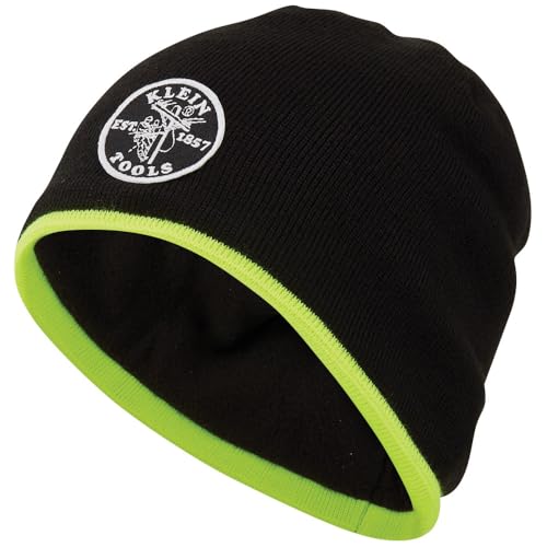 Klein Tools 60391 Knit Beanie, Thermal Fleece Winter Hat, Windproof, Fits under Helmets, Black with High-Visibility Yellow Band Trim