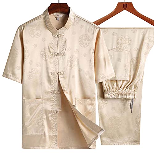 Sommer-Tanganzug chinesischer Stil Hanfu, Sommer kurzärmelige Kleidung Hosen mittleren Alters und ältere Männerfitnesskleidung für Männer,Beige Cover