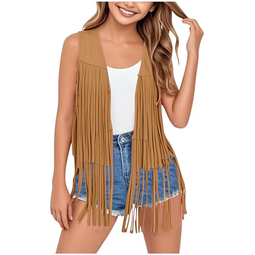 wodceeke Boys Girls Suede Fringe Vest Kids Western Cowgirl Tassels Vest 70s Hippie Sleeveless Cardigan Waistcoat 3-12 Years