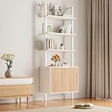 74' Tall Bookshelf with Storage Cabinet, Modern Ladder Shelf with Wood and Metal Frame, Wall Mount Bookcase Open Display Shelf Furniture for Living Room, Bedroom, Home Office, White and Oak