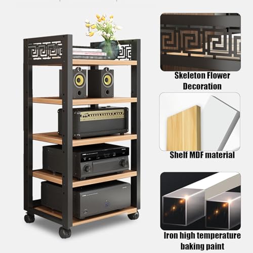 Metalowa Szafka Na Sprzęt Audio Z Kółkami I Regulowanymi Półkami Z Płyty Mdf, 2-, 3-, 4-, 5-Poziomowa Szafka Na Sprzęt Audio-Wideo Stereo Z Ozdobnym Pustym Wzorem Do Salonu, Pokoju Gier I Studia Nagr