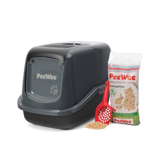 Katzentoilette PeeWee EcoHus Katzenklo mit Haube Katzen WC geschlossen inkl. 3kg Streu Holzpellets, Farbe:Schwarz-Anthrazit