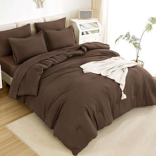 Litanika Oversized King Comforter Sets Brown - 7 Pieces Bed in a Bag Oversized King Bedding Comforter Sets, Solid Lightweight Bed Set with Comforter, Sheets, Pillowcases & Shams