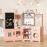MAMIZO Wooden Corner Play Kitchen, Large Ultimate Interactive Toddler Pretend Kids Kitchen Playset with Blackboard, Stove & Range Hood w/Light & Sound, Ice Maker, Washing Machine, 6 Toy Set (Pink)