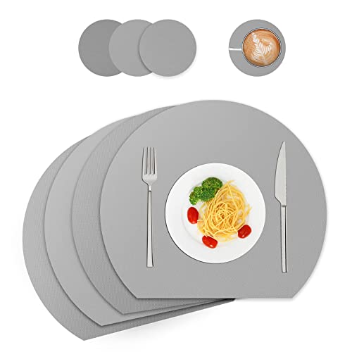 WAKOSAN Leather Placemats and Coasters - Washable, Table Decoration Set of 4 (Semicircle, Grey), Halbkreis
