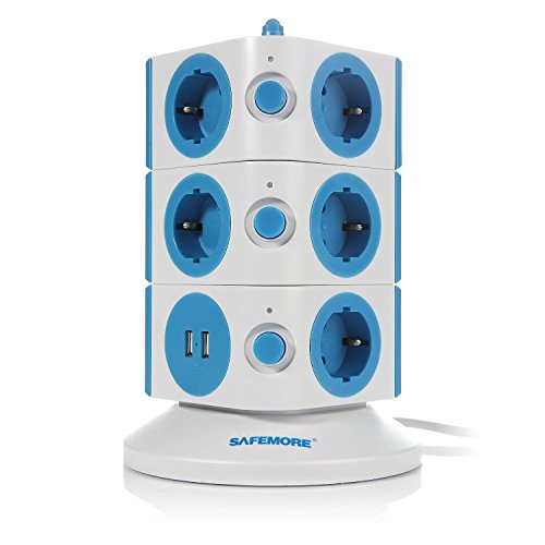 SAFEMORE Tour Multiprise avec 11 Prises de Recharge et 2 Ports USB (5V 2,4A), Interrupteur d'alimentation Adaptateur Douille, Porte S¨¦curitaire, 2500W/10A (Noir) Cover