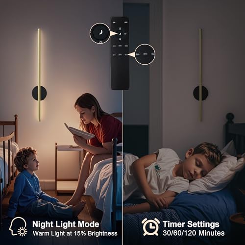 Image of Battery Operated Modern Wall Sconce Set of Two,Rechargeable Wireless Wall Lights with Remote Control,Dimmable,3 CCT,Cordless Lighting Fixtures for Bedroom,Living Room,Hallway,23.6 Inch,Black Gold