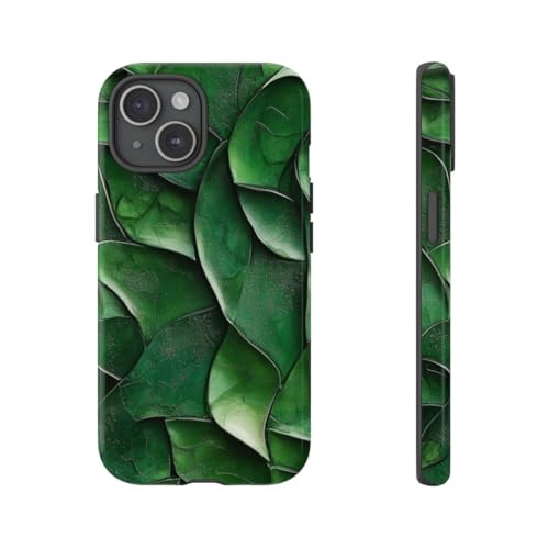 Coque rigide iPhone 15 texture feuille sculptée verte brillante pour protection de smartphone