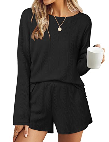 Merokeety Women's Casual Cable Knit Lounge Pajamas Sets Long Sleeve Tops And Shorts 2 Piece Outfits, Black, L #TOP21
