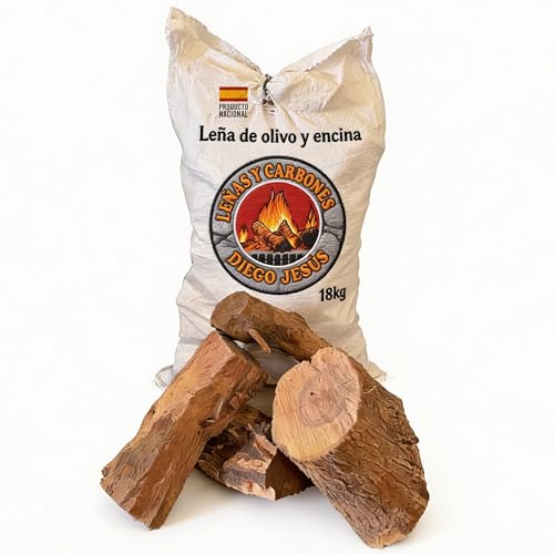 Leña Encina Olivo Premium 18Kg Troncos Grandes Alta Densidad Combustión Lenta Calor Duradero para Chimenea Estufa Interior Exterior Madera Natural Secada Ideal Calefacción Hogar Invierno Brasas Potent