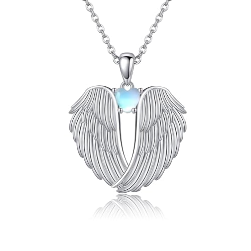 Image of YFN Angel Wings Necklace 925 Sterling Silver Guardian Angel Wings Pendant Necklace Birthstone Necklace for Women Girls Christmas Jewelry Gifts