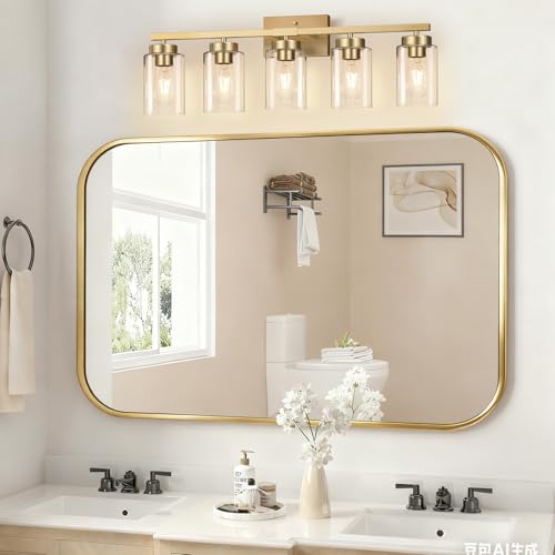 Image of IZORRO Bathroom Light Fixtures, Modern Vanity Lights, Bathroom Lighting Fixtures Over Mirror with Clear Glass Shade, Wall Sconce for Living Room Cabinet Bedroom (Brushed Gold, 5-Light)