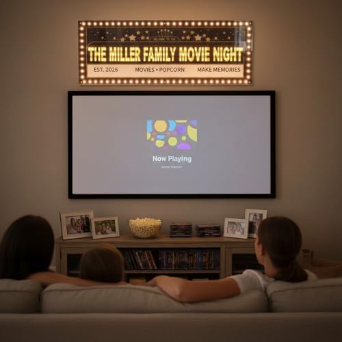 Image of Custom Movie Theater Marquee Sign with LED Bulbs | Home theater, cinema room, man cave, bottle service sign, vintage style, personalized light, 20-60 inch