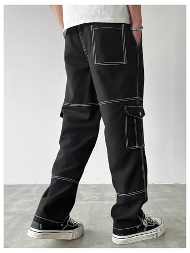 OYOANGLE Men's Flap Pocket Stitching Cargo Pants Elastic Drawstring Waist Straight Leg Trendy Trousers3