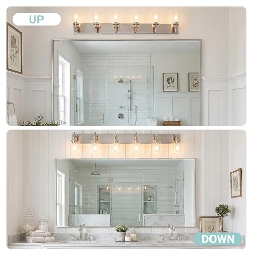 Image of Brushed Nickel 6 Light Bathroom Vanity Lights with Clear Glass Shade, Modern Industrial Bathroom Lighting Fixtures Over Mirror, E26 Vanity Wall Sconces for Bedrom Podwer Room Hallway