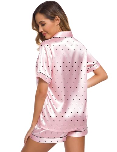 Image of SWOMOG Womens Silk Satin Pajamas Set Short Sleeve Sleepwear Button Down Top and Shorts Loungewear 2 Piece Pjs Set XS-3XL