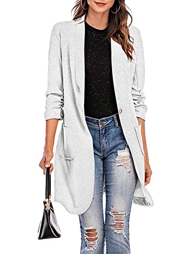 ORANDESIGNE Blazer Femme Chic et Elegant Long Tailleur Manches 3/4 Couleur Unie Surchemise Slim Fit Veste Blazer Casual Habillée Costume Jacket Manteau Cardigan A Blanc XL