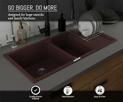 Image of ARQUIN Double Bowl Quartz With Drainboard Kitchen Sink 45x20x9 Inch Brown | Undermount,Topmount | Including Coupling,Sink Connector,Waste Pipe & Fruit Washing Basket