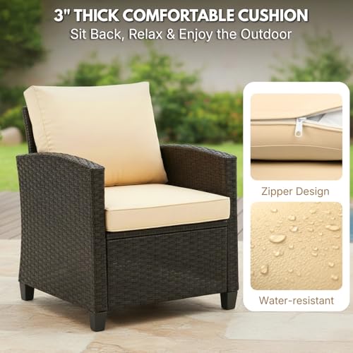 Image of DEVOKO Outdoor Wicker 3-Piece Patio Furniture Set with All-Weather Cushions & Rust Resistant Metal Frame UV-Resistant Furniture Design Perfect for Garden Balcony(Dark Brown & Cream)